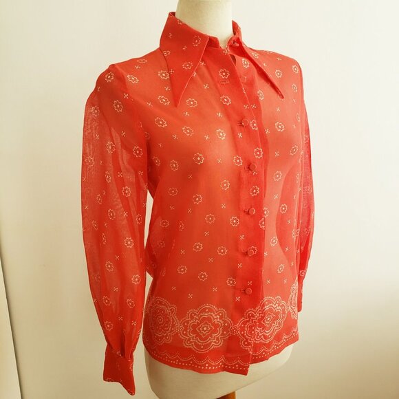 Vintage Red Long Sleeve Pointed Collar Button Down Shirt Blouse by … - Picture 2 of 9